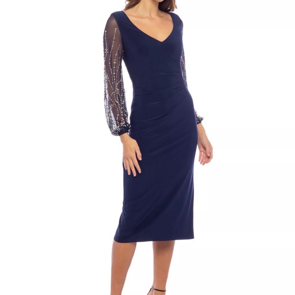 🆕 MARINA Midnight Blue Dress with Embellished Sleeves